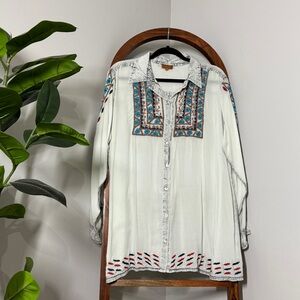 Scully White Button Down Shirt with Colorful Embroidery